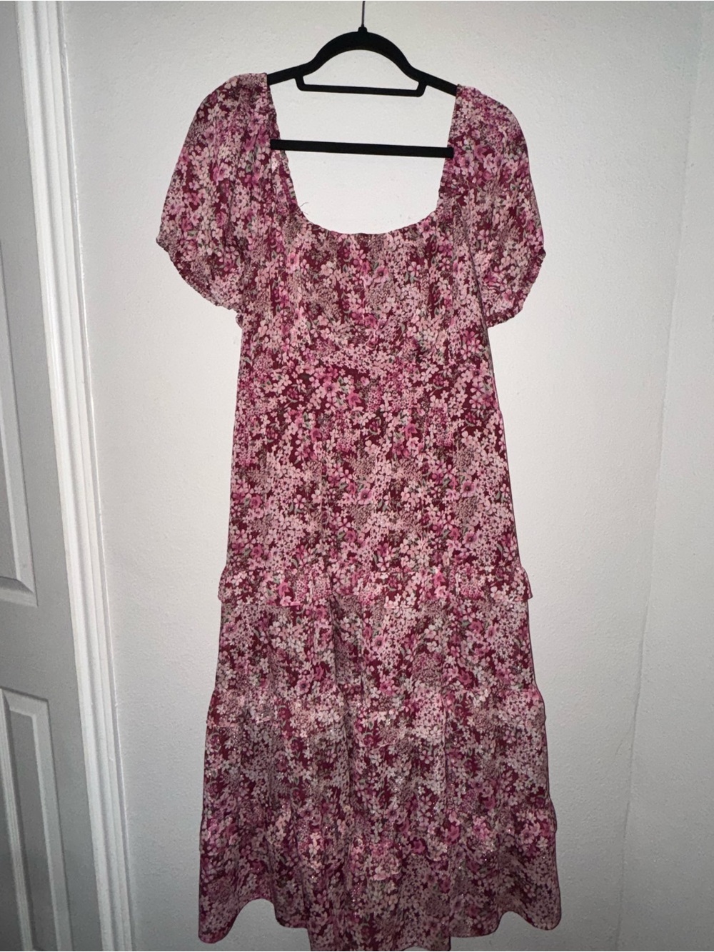 liberty Pink Floral Puff-Sleeve Tiered Maxi Dress